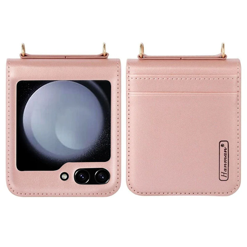 wallet style case with strap for Samsung Z Flip7 in rose pink color